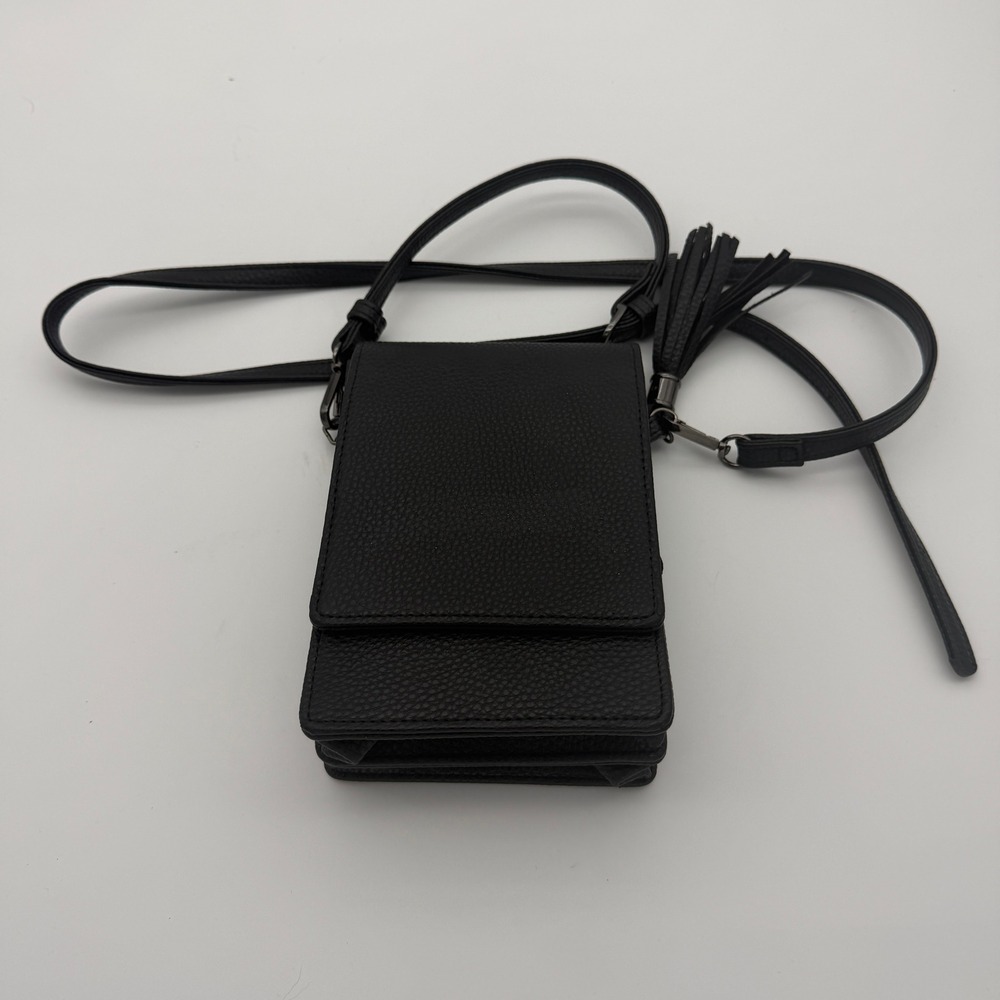 Just Must Handmade Black Pebbled Vegan Leather Crossbody Phone Bag with Tassel